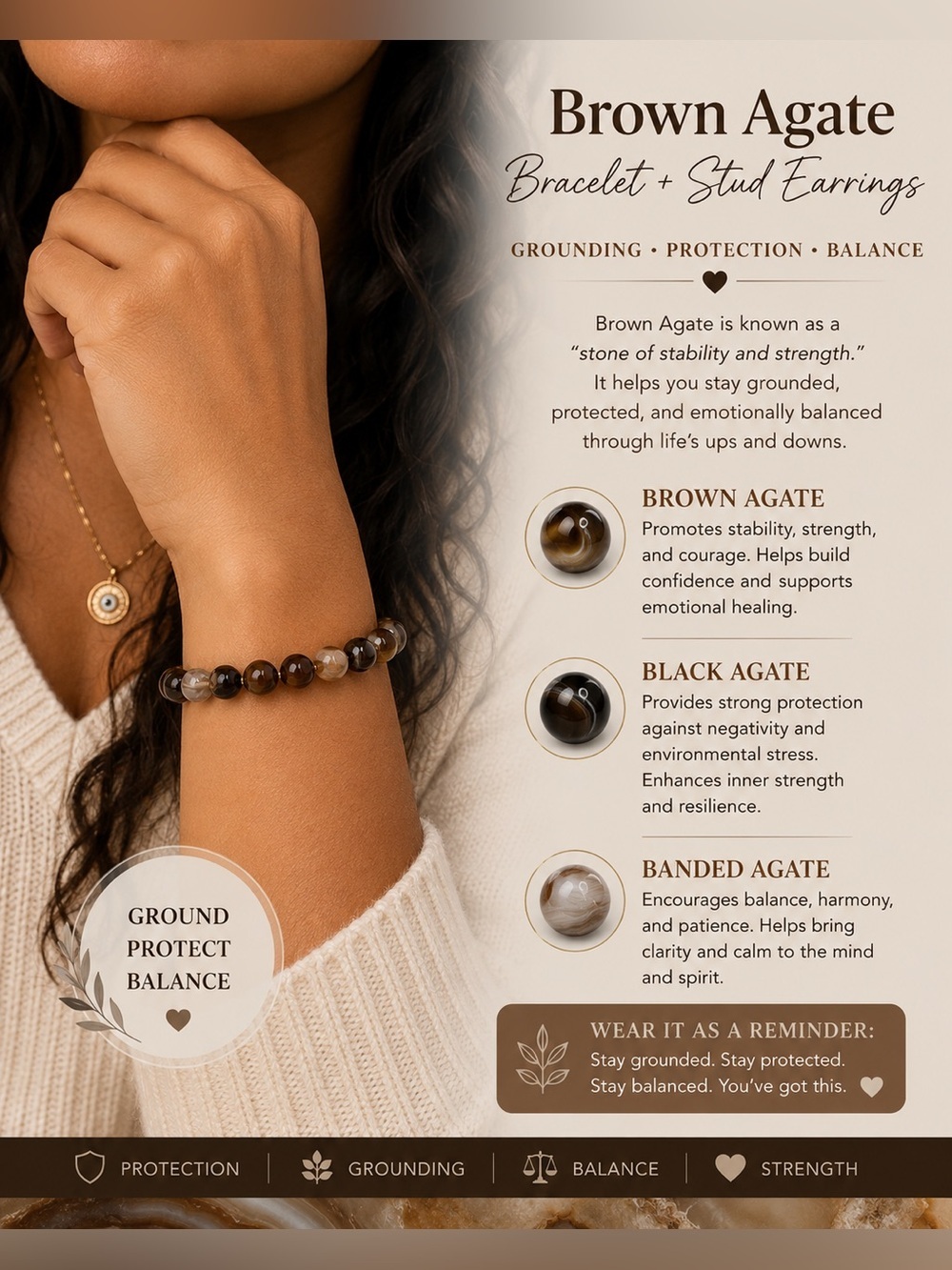 Brown Agate Bracelet + Stud Earrings